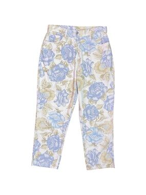 Vintage Bill Blass Floral Linen Blend Pants Womens 8 Beige Blue High Rise Crop‎